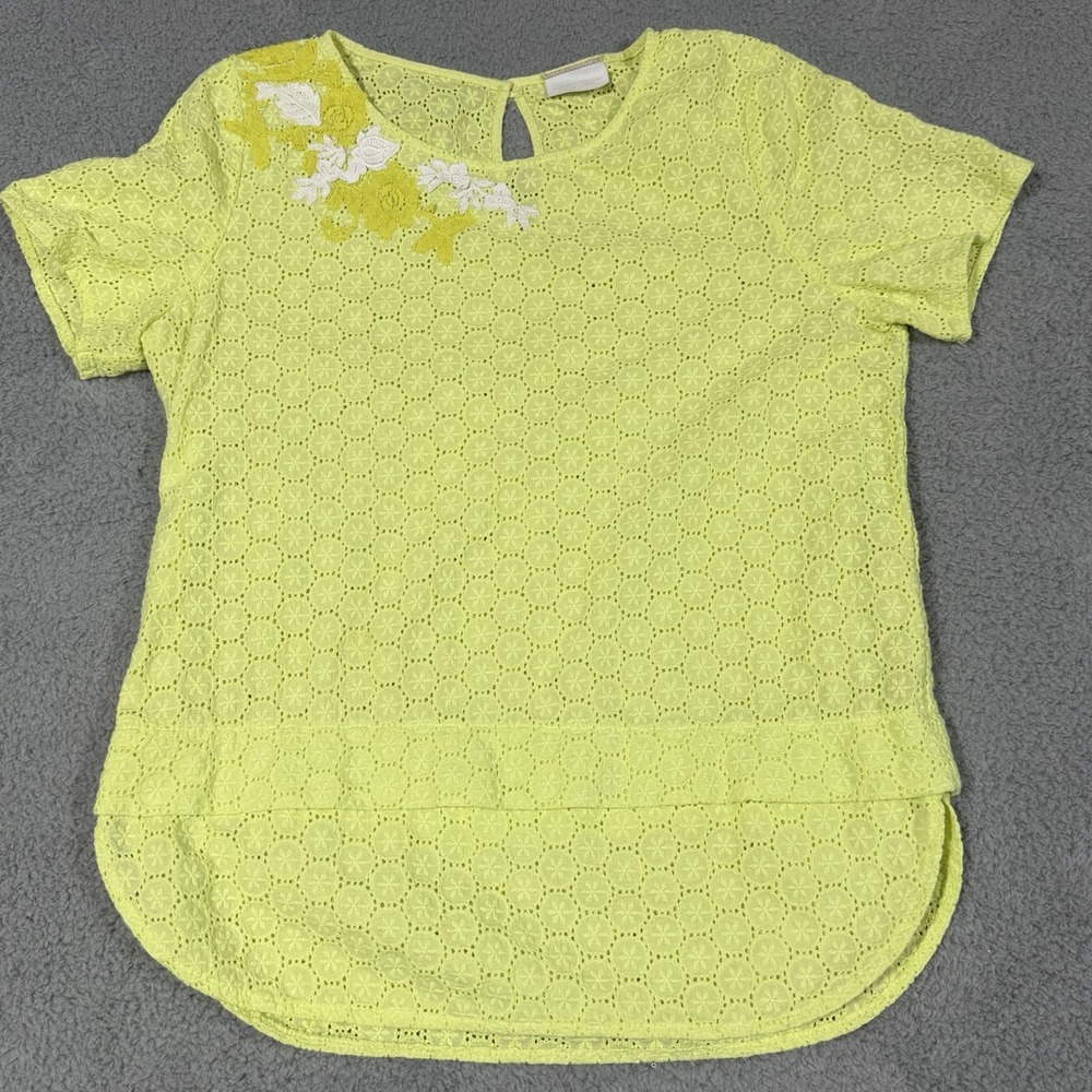 Cristina Gavioli Yellow Cotton Floral Woven Short Sleeved Top Size 12 / Large